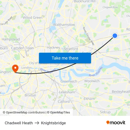 Chadwell Heath to Knightsbridge map