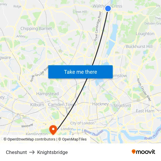 Cheshunt to Knightsbridge map