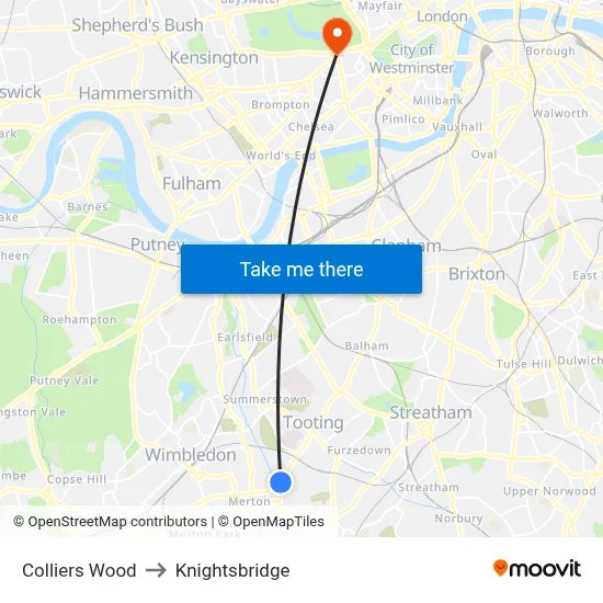 Colliers Wood to Knightsbridge map