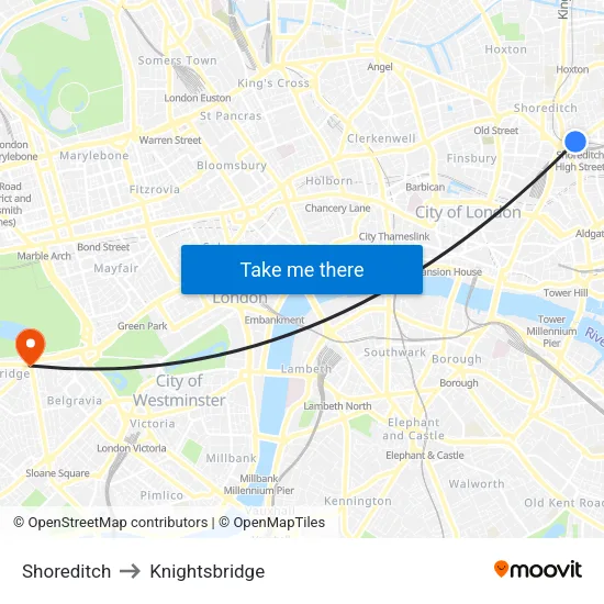 Shoreditch to Knightsbridge map