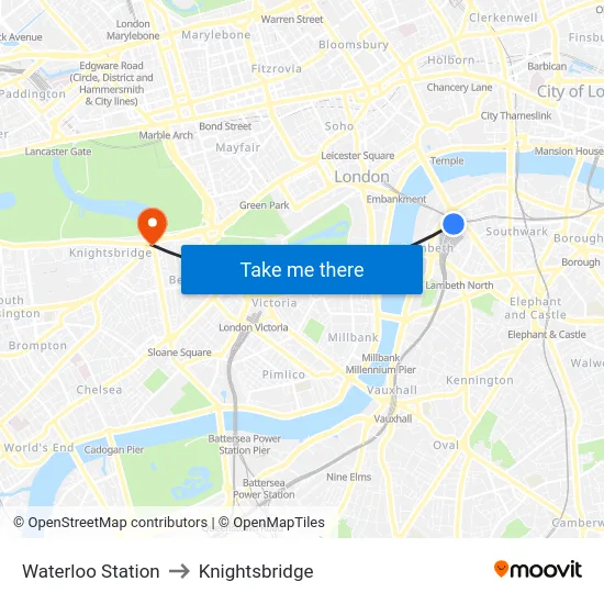 Waterloo Station to Knightsbridge map