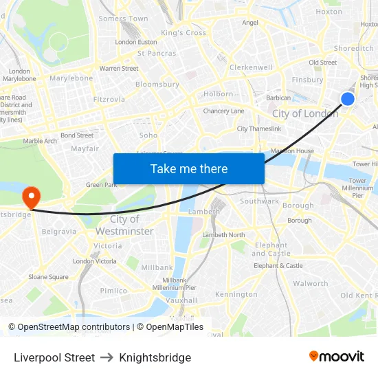 Liverpool Street to Knightsbridge map