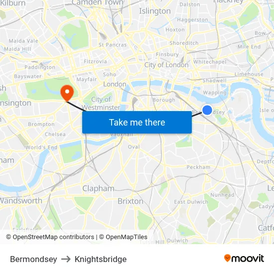 Bermondsey to Knightsbridge map