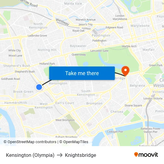 Kensington (Olympia) to Knightsbridge map