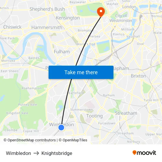 Wimbledon to Knightsbridge map