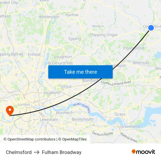 Chelmsford to Fulham Broadway map