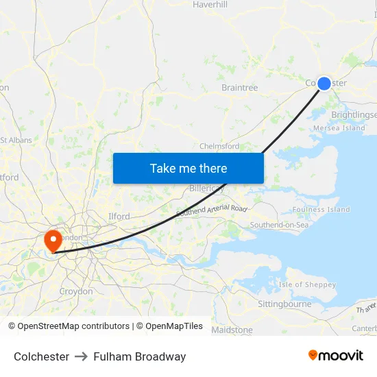 Colchester to Fulham Broadway map