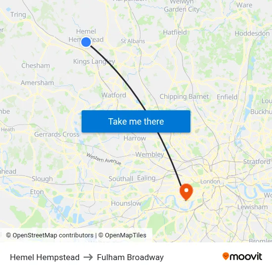 Hemel Hempstead to Fulham Broadway map