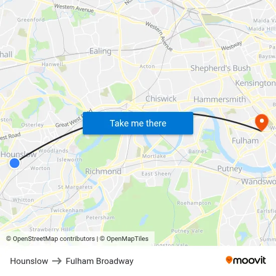Hounslow to Fulham Broadway map