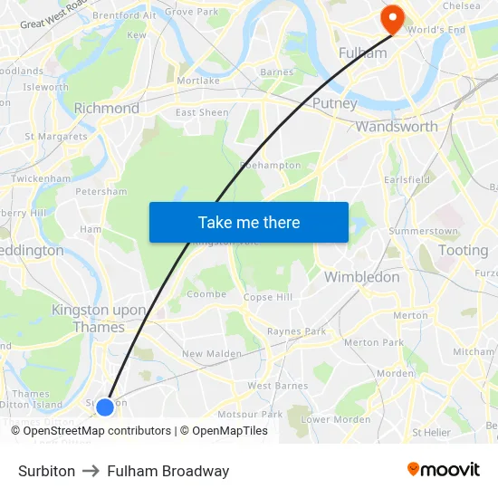 Surbiton to Fulham Broadway map