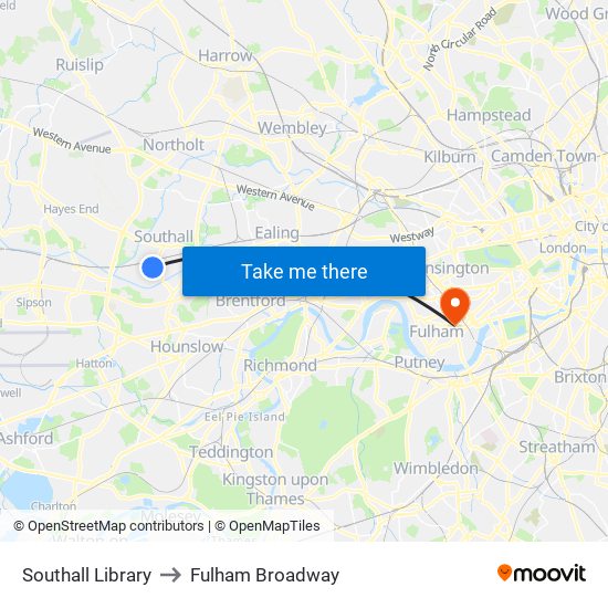 Southall Library to Fulham Broadway map