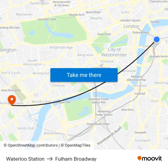 Waterloo Station to Fulham Broadway map