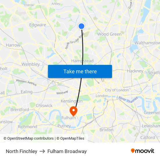 North Finchley to Fulham Broadway map