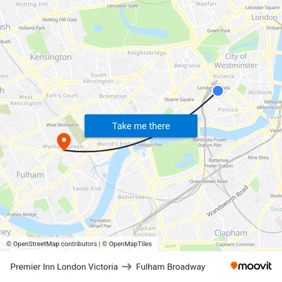 Premier Inn London Victoria to Fulham Broadway map