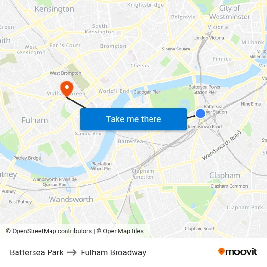 Battersea Park to Fulham Broadway map