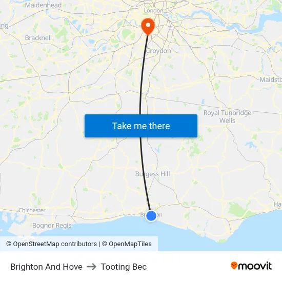 Brighton And Hove to Tooting Bec map