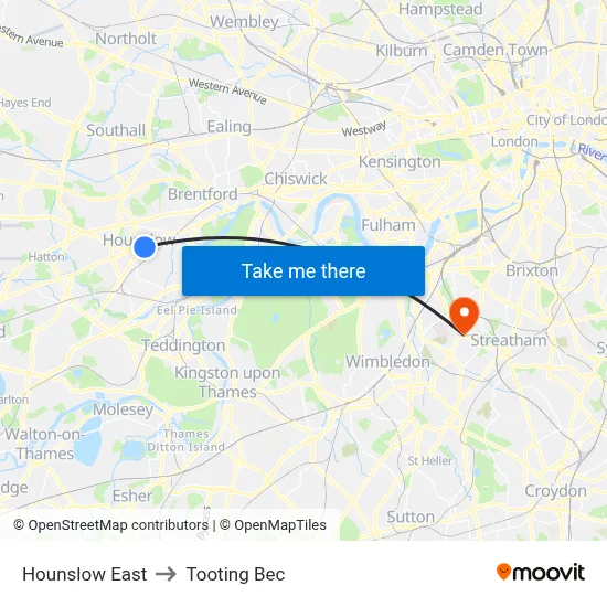 Hounslow East to Tooting Bec map