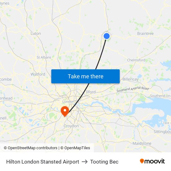 Hilton London Stansted Airport to Tooting Bec map