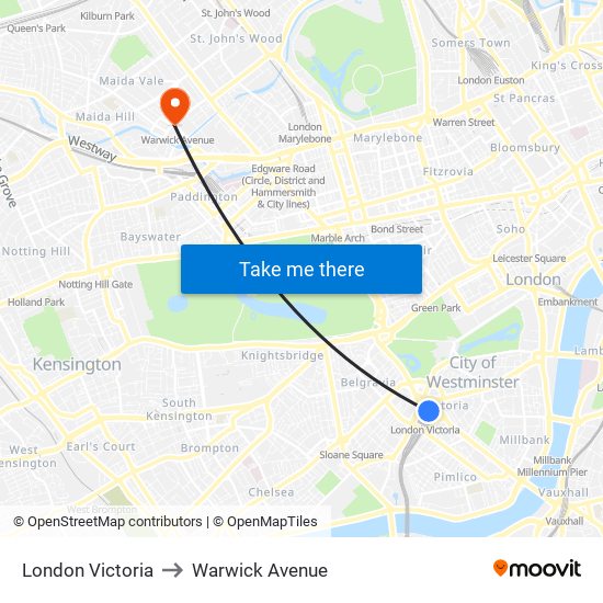 London Victoria to Warwick Avenue map