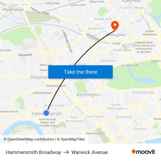 Hammersmith Broadway to Warwick Avenue map