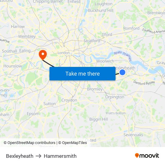 Bexleyheath to Hammersmith map