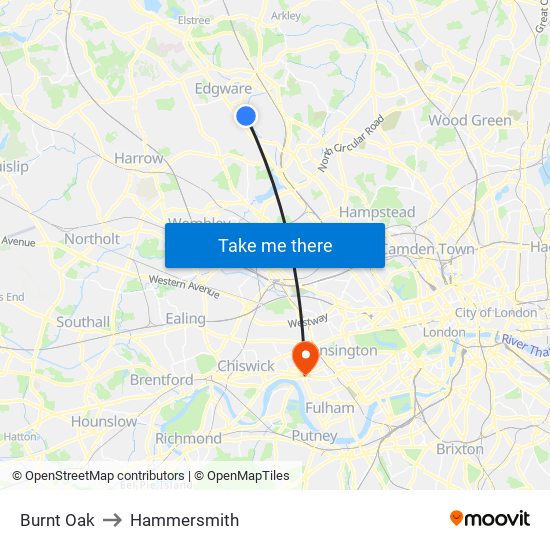 Burnt Oak to Hammersmith map