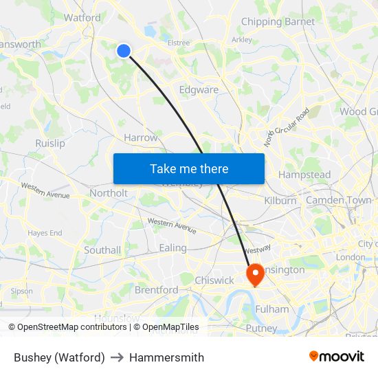 Bushey (Watford) to Hammersmith map