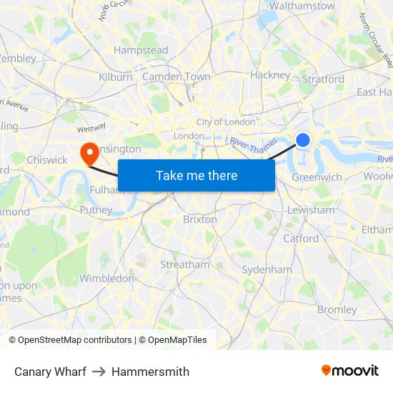 Canary Wharf to Hammersmith map