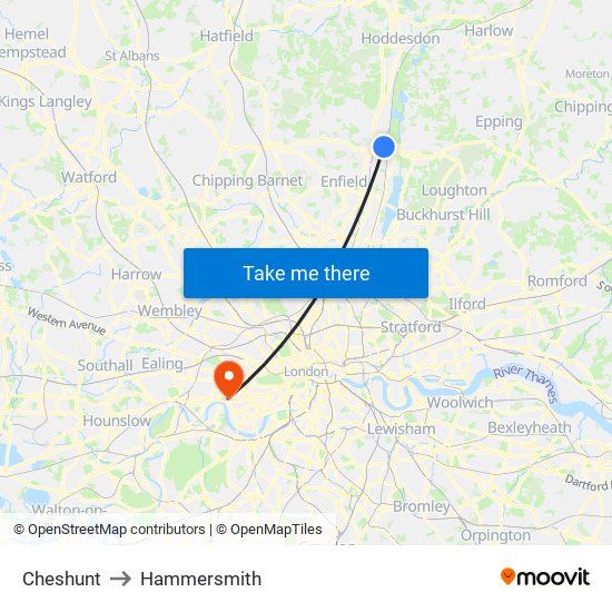 Cheshunt to Hammersmith map