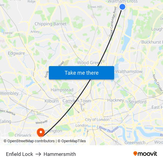 Enfield Lock to Hammersmith map