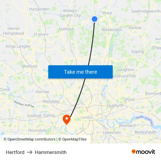 Hertford to Hammersmith map