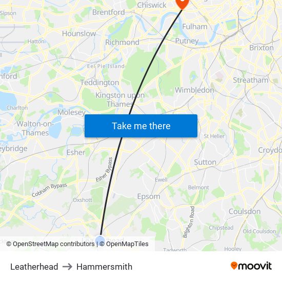 Leatherhead to Hammersmith map