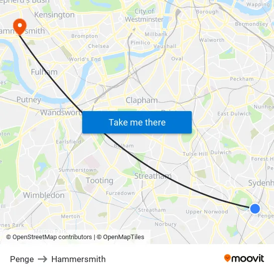 Penge to Hammersmith map