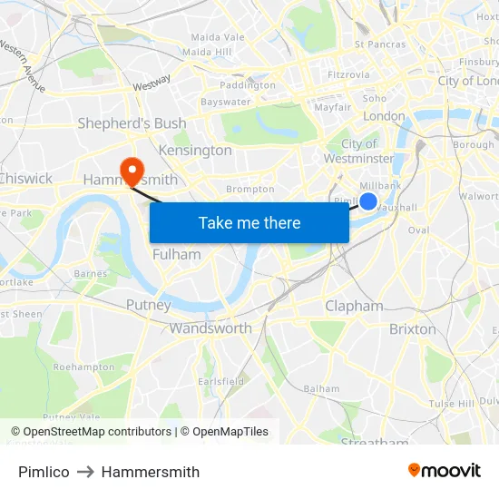 Pimlico to Hammersmith map