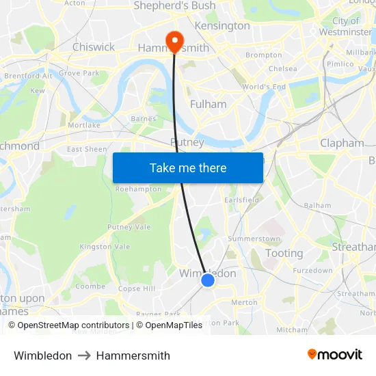 Wimbledon to Hammersmith map