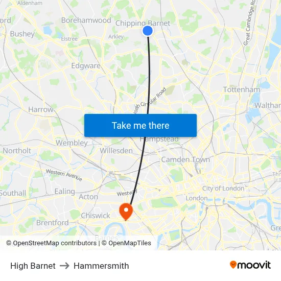 High Barnet to Hammersmith map