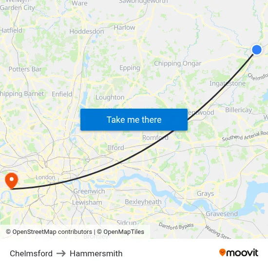 Chelmsford to Hammersmith map