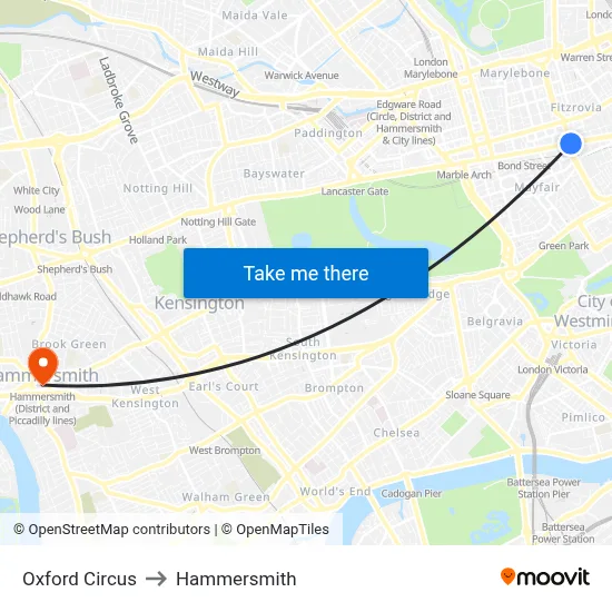 Oxford Circus to Hammersmith map
