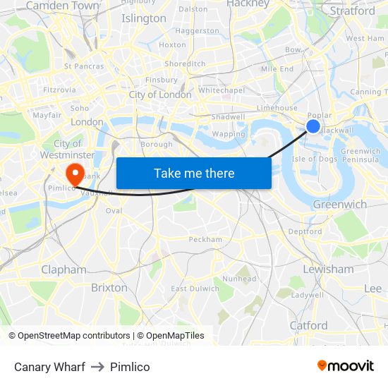 Canary Wharf to Pimlico map