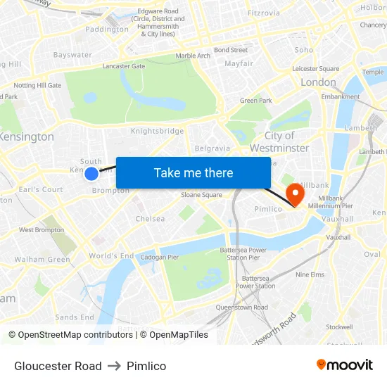 Gloucester Road to Pimlico map