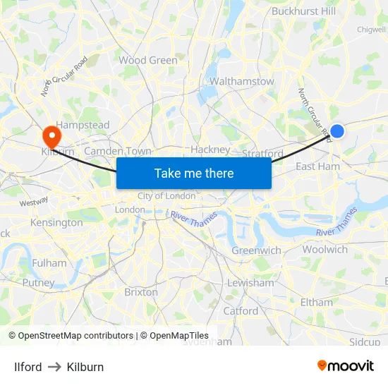 Ilford to Kilburn map