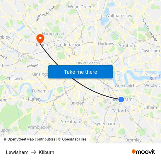 Lewisham to Kilburn map