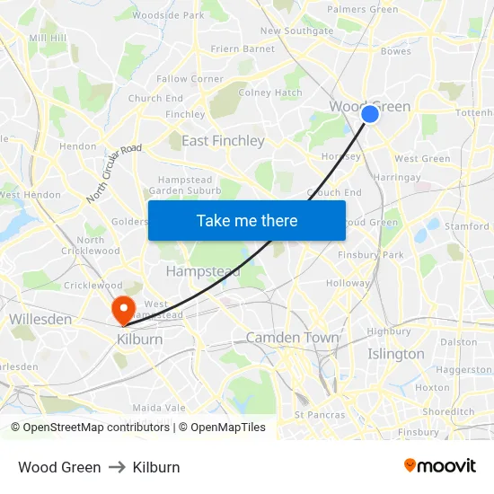 Wood Green to Kilburn map
