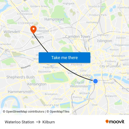 Waterloo Station to Kilburn map
