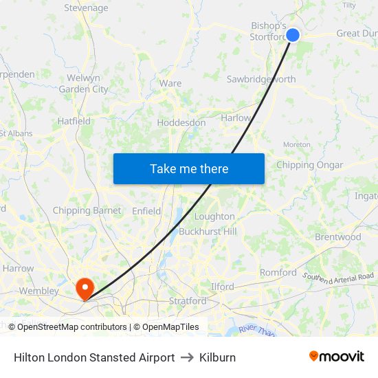 Hilton London Stansted Airport to Kilburn map