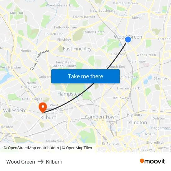 Wood Green to Kilburn map