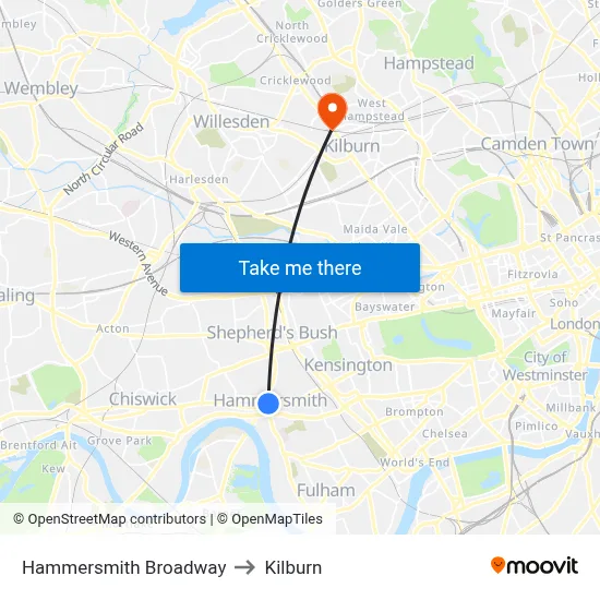 Hammersmith Broadway to Kilburn map