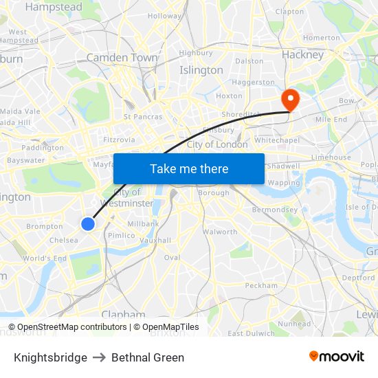 Knightsbridge to Bethnal Green map