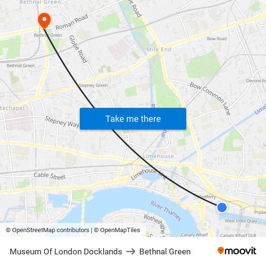 Museum Of London Docklands to Bethnal Green map