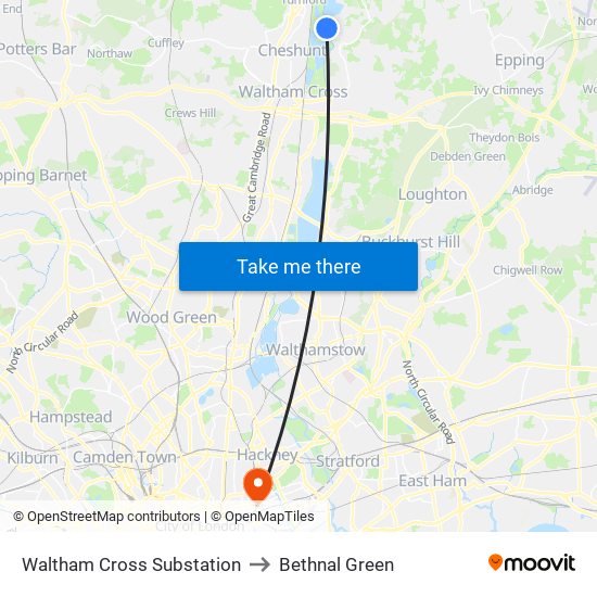 Waltham Cross Substation to Bethnal Green map